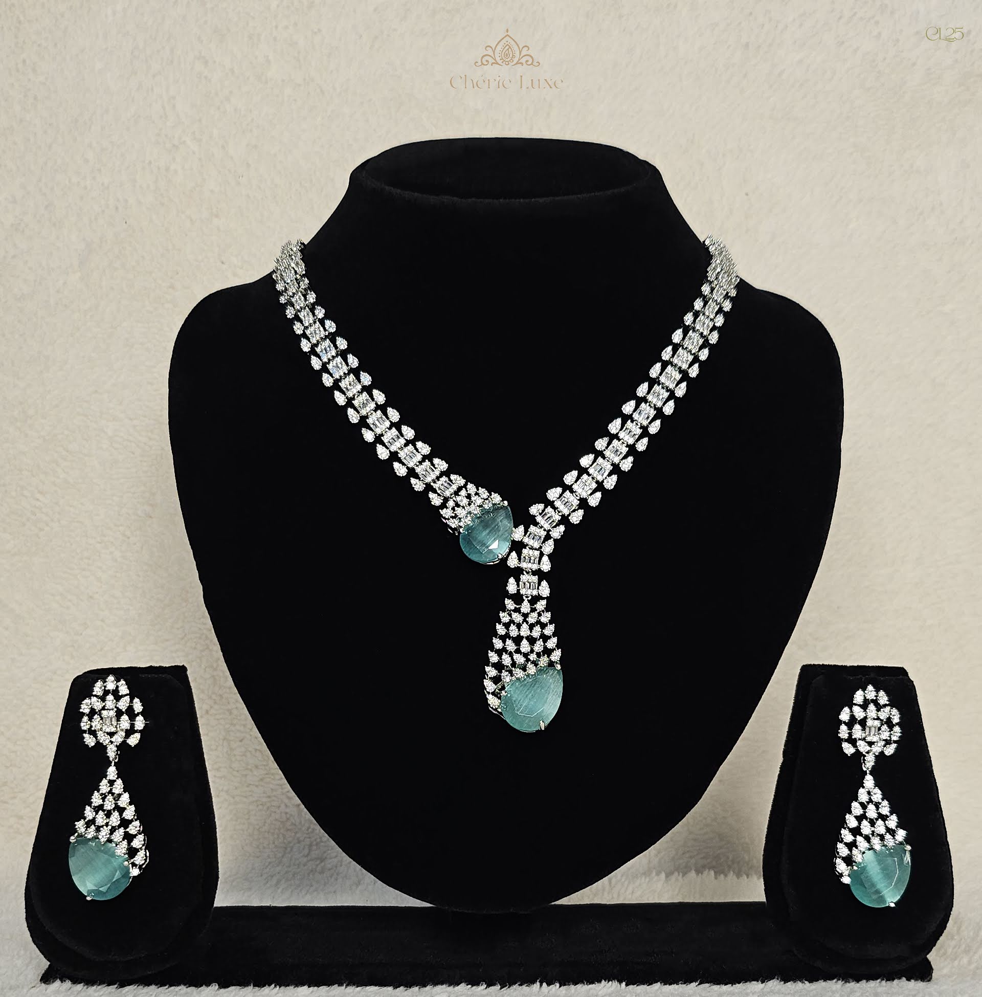 Aqua Teardrop American Diamond Statement Set