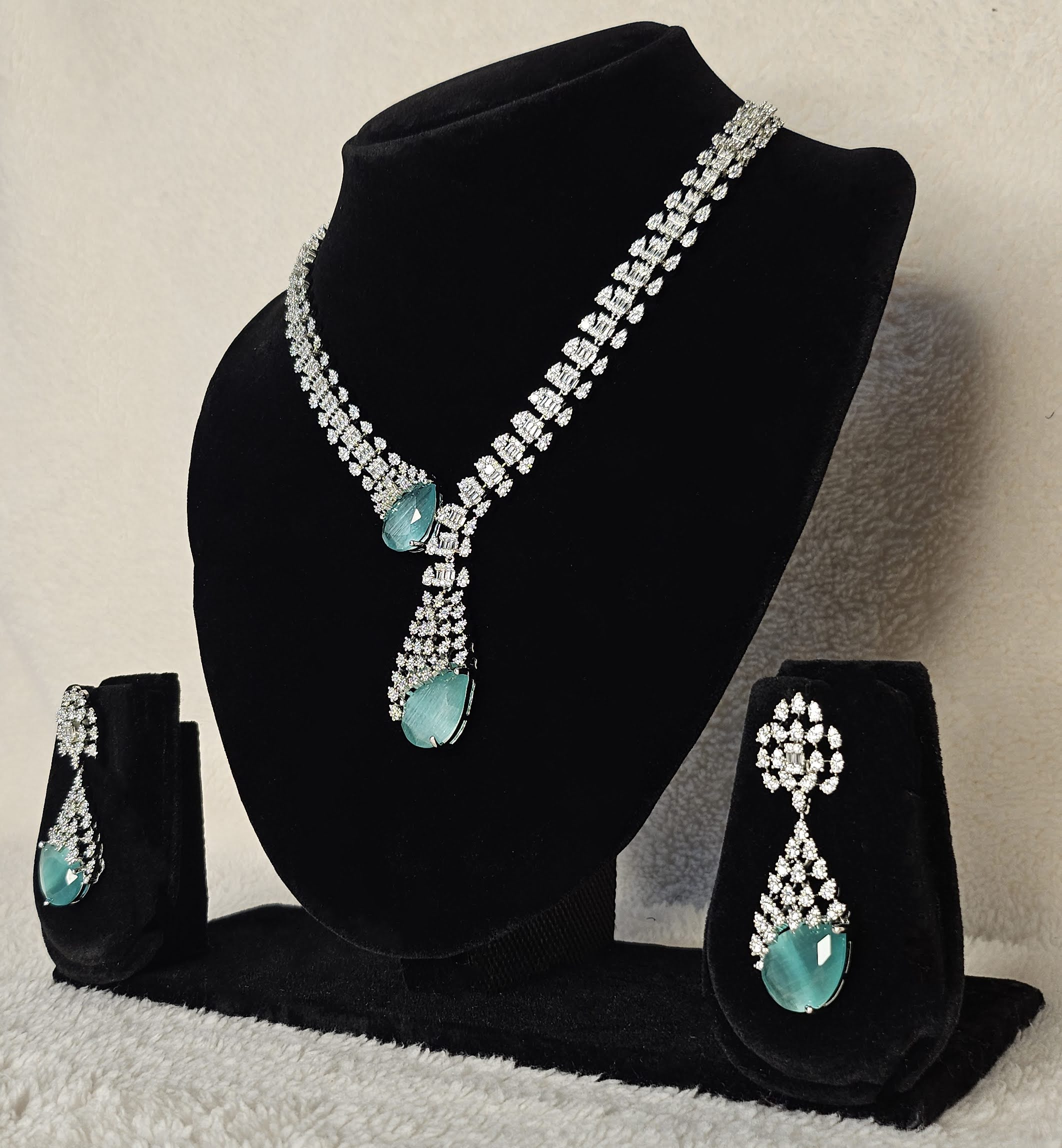 Aqua Teardrop American Diamond Statement Set - Image 3