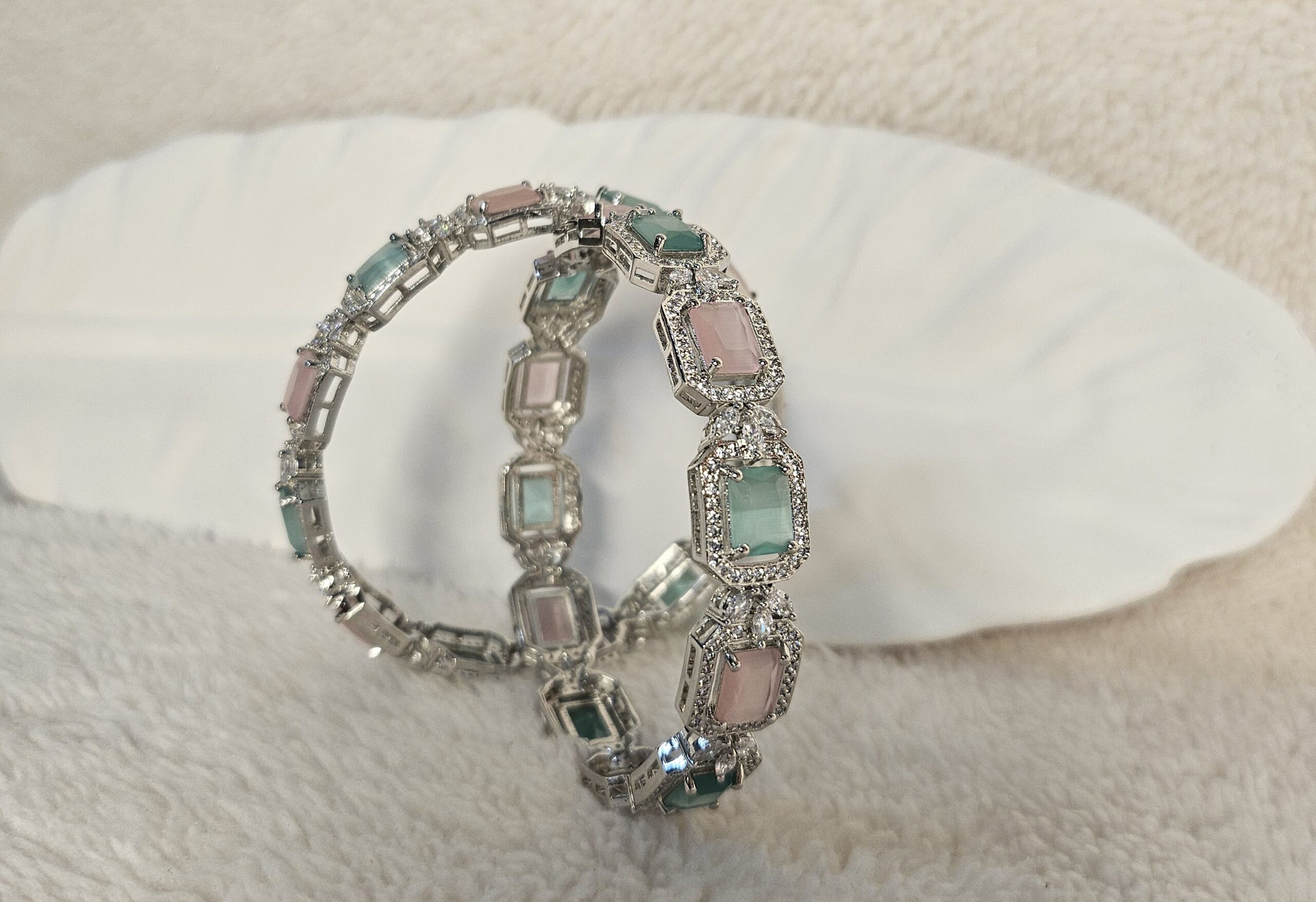 Pastel Mint & Blush Rhodium Bangles Set - Image 2