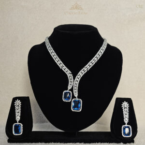 Sapphire Drop Lariat Rhodium Necklace Set