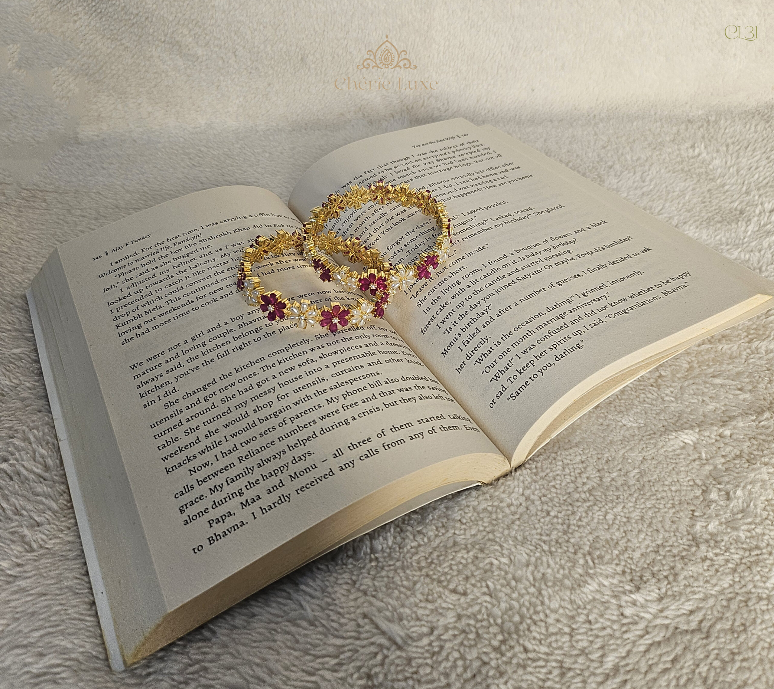 Alternating Floral Ruby & Pearl Gold-Plated Bangles