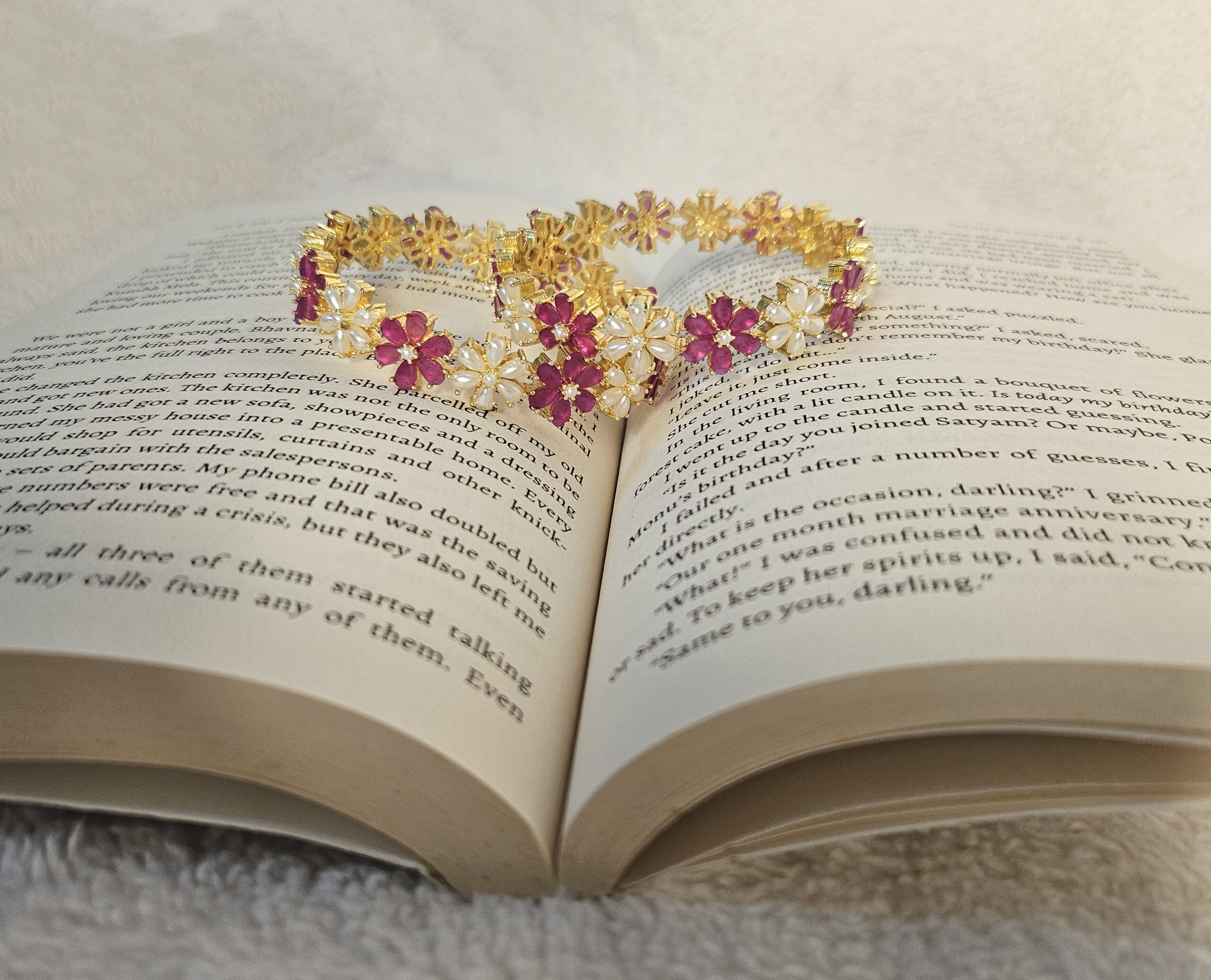 Alternating Floral Ruby & Pearl Gold-Plated Bangles - Image 2