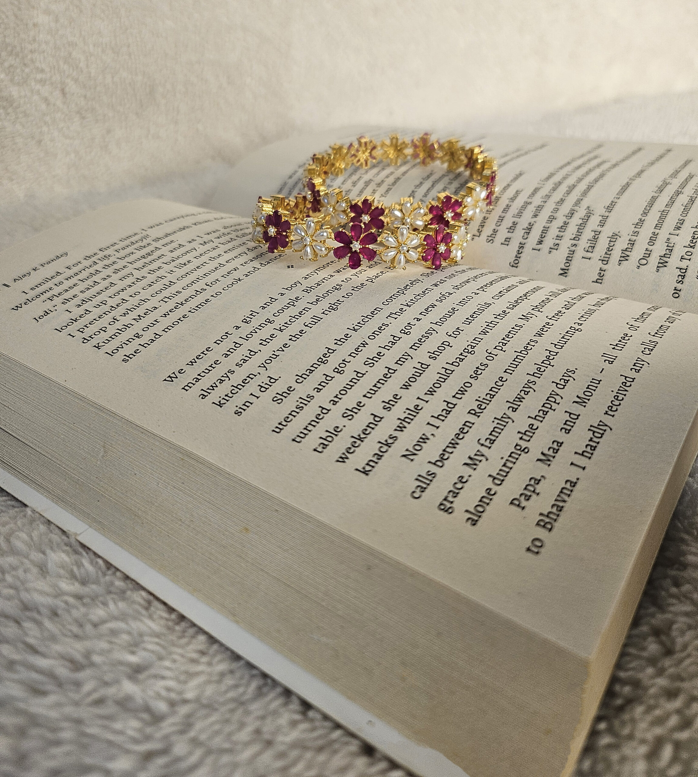 Alternating Floral Ruby & Pearl Gold-Plated Bangles - Image 3