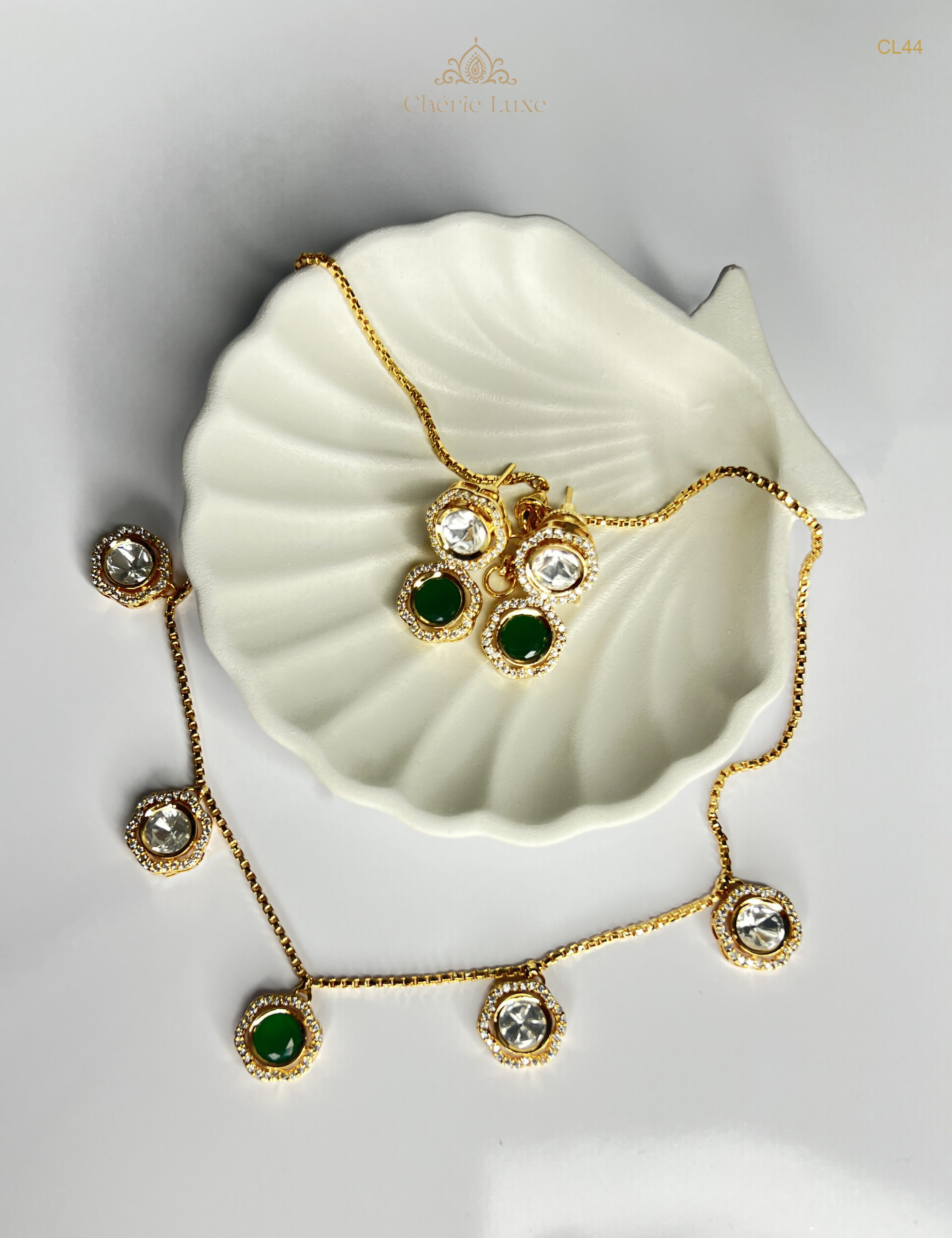 Emerald & Polki Station Necklace Set