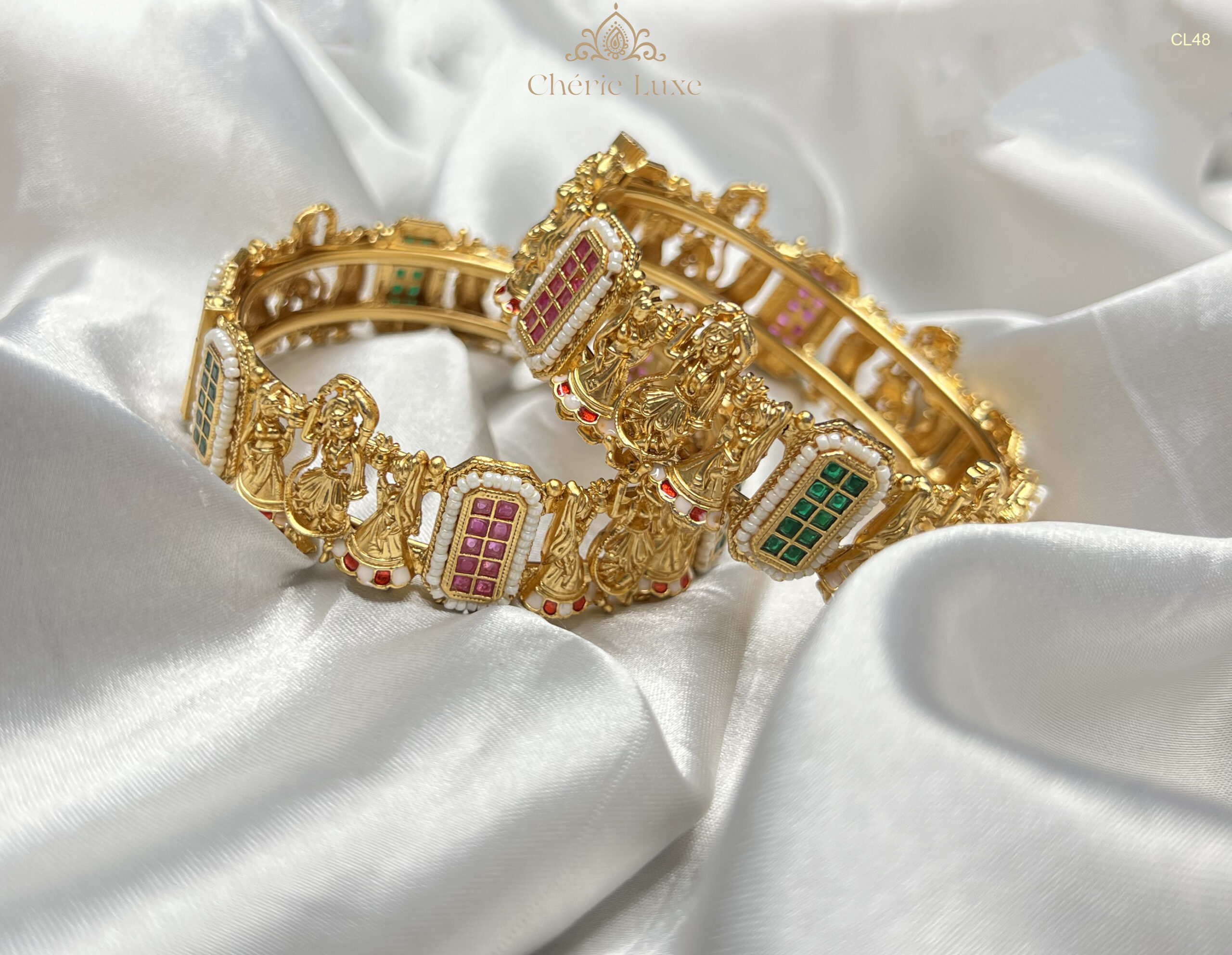 Traditional Nakshi Temple Bangles | Ruby & Emerald