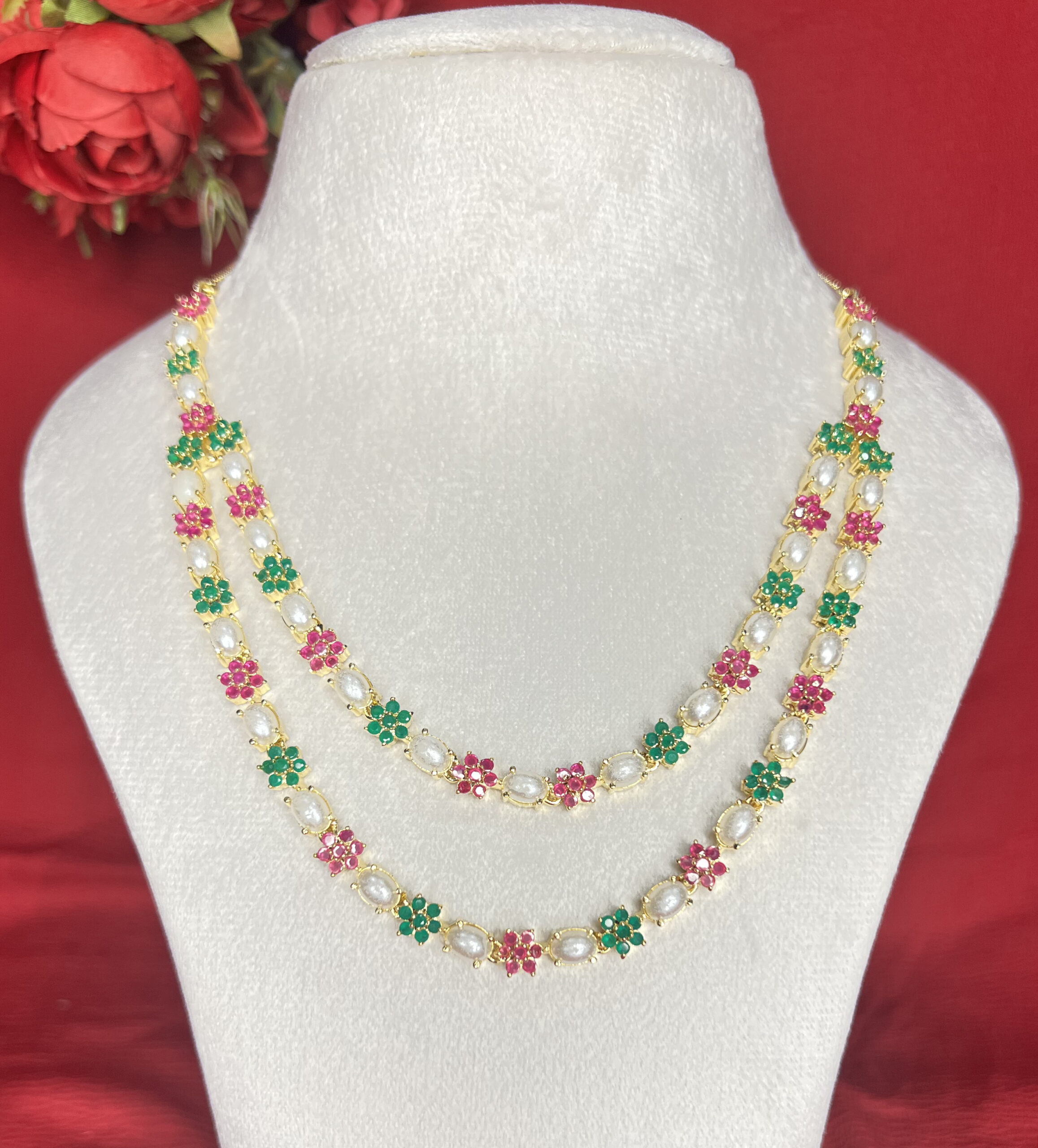 Meera Delicate Floral Pearl Double Mala Necklace Set - Image 2